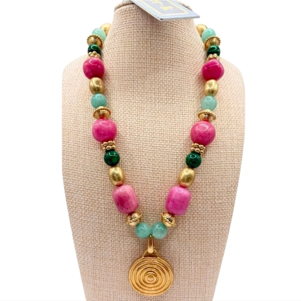 💕▪️ Piper K▪️Pink Marble & Dyed Quartz Malachite Beaded 16in CZ Necklace